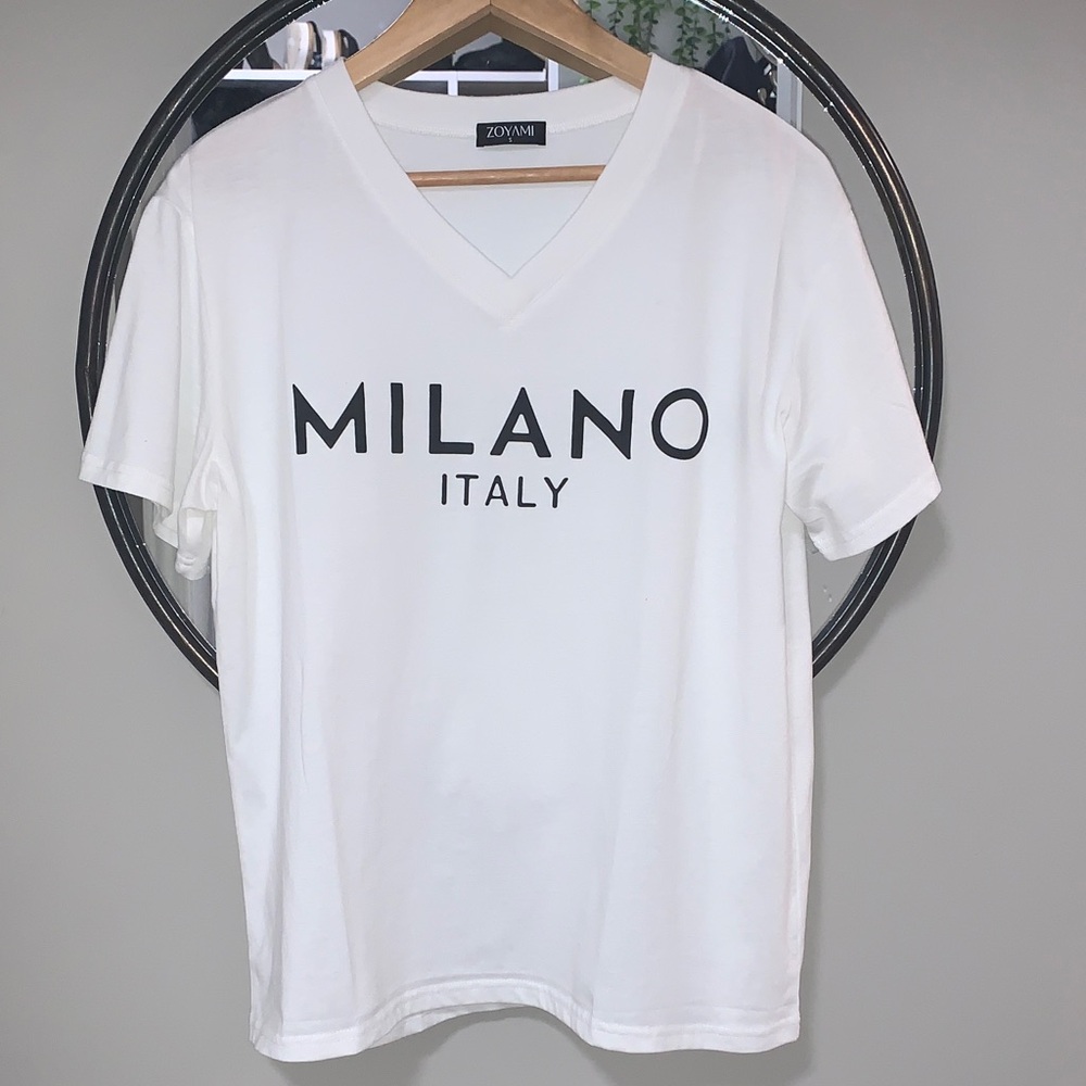 Zoya Milano Italy V-Neck Short Sleeve Tee - White